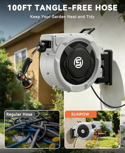 SUNPOW Retractable Garden Hose Reel - 5/8in x 100ft Heavy Duty Wall Mounted Hose Reel with 3/4in Brass Fitting & 10 Function Nozzle - Any Length Lock, Auto Rewind System, 180°Swivel Bracket - Gray - Thumbnail 2