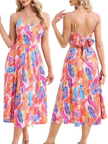 Dofysoffy Women's Summer Floral Midi Dress Open Back Tie Back Casual Beach Dresses with Pockets (A910 Red S) - Image 1