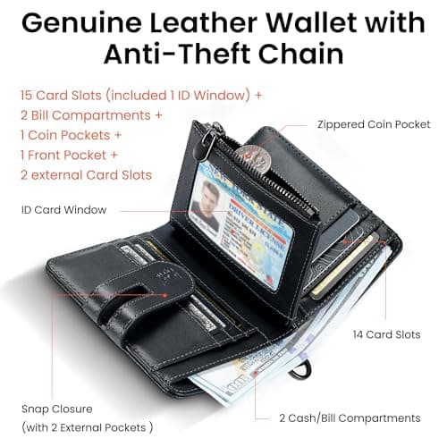 Genuine Leather Chain Wallets for Men: RFID Blocking Mens Wallet with Chain Purse Bifold Zipper Coin Pocket with Anti-Theft Chain, Gift for Father Husband At Birthday - Thumbnail 2