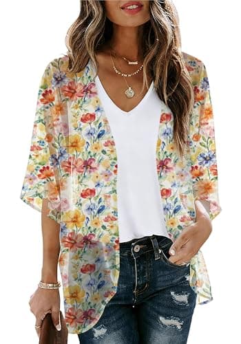 Dimur Kimonos for Women Lightweight Spring Summer Loose Beach Cover Ups Floral Print Water Color Flower Large - Image 1
