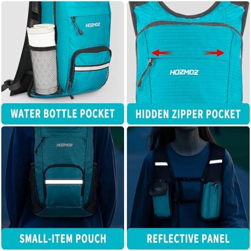 HOZMOZ 10L Small Hiking Backpack For Women Men, Lightweight Travel Packable Back Pack, Foldable Camping Hiking Daypack With Vest-style and Touchscreen Phone Pocket (Lake Green) - Thumbnail 6