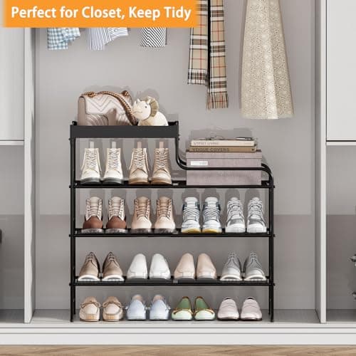 4 Tier Free Standing Shoe Racks with Storage Box, Metal Shoe Organizer for Closet with Sturdy Wire Grid, Large Capacity Shoe Rack Organizer for Entryway Corridor Living Room Balcony Bedroom, Black - Thumbnail 5