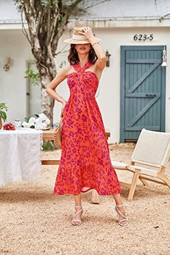 GRACE KARIN 2025 Summer Women's Criss Cross Halterneck Sleeveless Floral Print Flowy A Line Maxi Dress Orange Purple XXL - Thumbnail 4