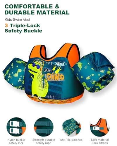 AEOCOO Puddle Float Jumper 20-30-50-60-70 Pounds, Toddler Swim Vest for 1-3-5-6-9 Years Old, Pool Floats with Swimming Arm Floaties Swim Jacket for Kids Swimmies, Boys, Girls, Niños, Cool-Dino - Thumbnail 4