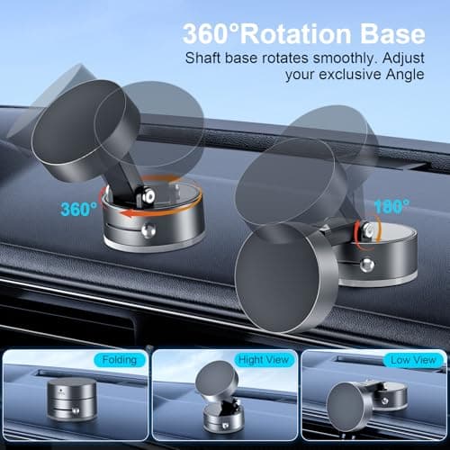 OOCC Vacuum Magnetic Phone Holders for Your Car, 360°Rotating Adjustable Magsafe Car Phone Mount, Foldable Magnetic Car Phone Holder for All Smartphones & All Car Models, Silver Grey - Thumbnail 5