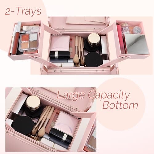 CHUANGJIN Makeup Train Case 2 Trays Makeup Box Organizer Portable Travel Makeup Case Lockable Makeup Storage Organizer Cosmetic Box for Jewelry Nail Tech Brushes Accessories Tool, Pink - Thumbnail 4