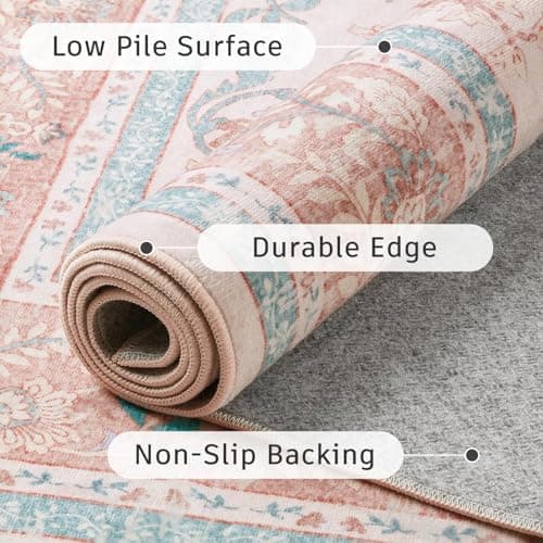 DCX Area Rug 4x6 Botanical Floral Washable Rugs in Pink and Blue Soft Non Slip Low Pile Stain Resistant Carpet for High-Traffic Areas Bedroom Kitchen Entryway - Thumbnail 6