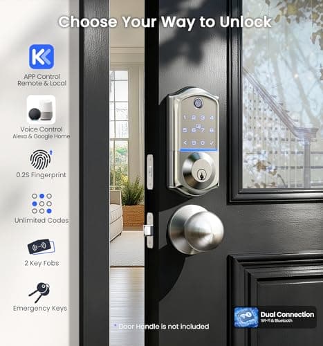 Veise VE017G Wi-Fi Keyless Entry Door Lock, App Remote & Voice Control, Fingerprint Smart Locks for Front Door, Touchscreen Electronic Keypad Deadbolt, Auto Lock, Emergency Power Port, Satin Nickel - Thumbnail 2