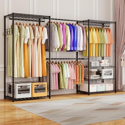 ecobedding Heavy Duty Garment Rack, 1000LBS Max Load Freestanding Closet Organizer with 6 Storage Shelves & 3 Adjustable Hanging Rods, Multifunctional, Glossy Black, 15.75" D x 70-88.5" W x 76.5" H - Thumbnail 3