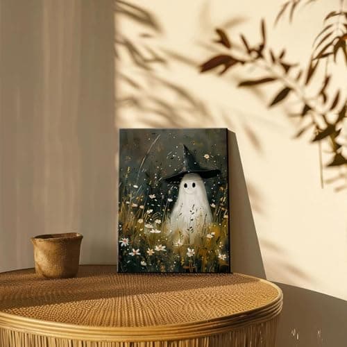 Vintage Cute Ghost Canvas Wall Art Funny Ghost with Witch Hat Poster Prints Wildflower Field Halloween Spooky Gothic Dark Academia Wall Decor Pictures 12x16in - Thumbnail 6