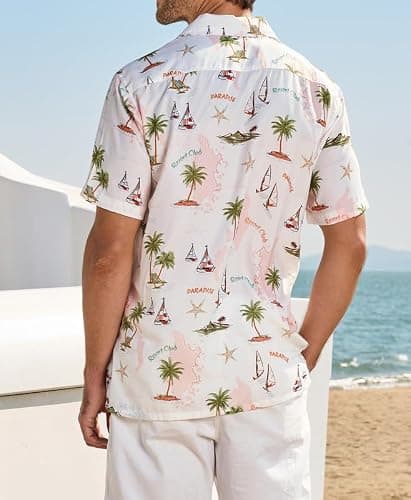Damipow Mens Unique Pattern Hawaiian Shirt Beach Tropical Button Up Shirts Vacation Cruise Hawaii Summer Clothes,White,XL - Thumbnail 2