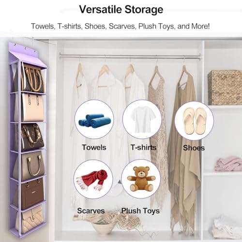 Lirex Over The Door Purse Organizer & Purse Shelf for Closet – Handbag Storage Organizer with Purse Hanger. Perfect for Scarves, Hats, and Leggings. S (11.8'' x 5'' x 51.6''), Purple - Thumbnail 5