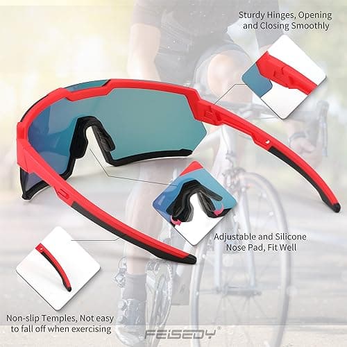 FEISEDY Men Women Cycling Sunglasses, with 3 Interchangeable Lenses, TR90 Sports Glasses Baseball for Youth Teens B4138 - Thumbnail 5
