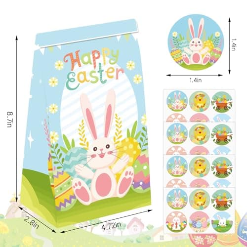 MKLTUHGDG Easter Treat Bag, 24 PCS Easter Gift Bags with Stickers, Party Favor Bags Bulk Egg Chick Bunny Carrot, Goodie Bag Party Supplies for Classrooms, Party Favors - Thumbnail 3