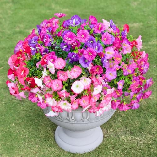 7 Color Mix Artificial Flowers for Outdoor, Fake Flowers Faux Plants for Outside Indoor, Summer Decor Morning Glory Petunia UV Resistant, for Garden Porch Window Box Home Planters (Pink Purlpe) - Image 1