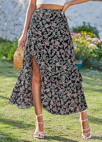 BTFBM Women 2026 Spring Summer Long Skirts Dress Boho Floral Elastic Waist Split Ruffle High Low Beach Maxi Skirt Clothes(Print Floral Black, Small) - Thumbnail 3