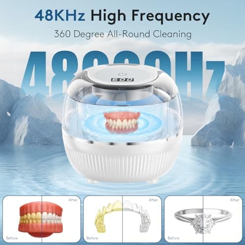Ultrasonic Retainer Cleaner Machine, 48kHz Dental Cleaning Pod for Night Guards, Mouth Guards, Aligner, Braces, Toothbrush, Jewelry, Ultrasonic Dentures Cleaner with Digital Timer, 220ML, White - Thumbnail 2