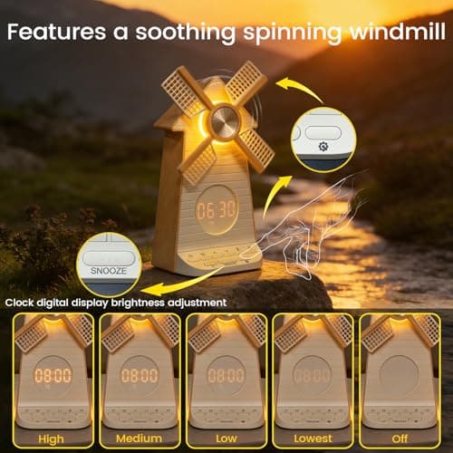 Sunrise Alarm Clock with Rotating Windmill, Easy Snooze Wake Up Light, 10 Natural Sounds & 10 White Noises, 4-Level Dimmer Bedside Night Light with 30/60/90 Min Timers, Sleep Aid Gift for Adults/Kids - Thumbnail 4