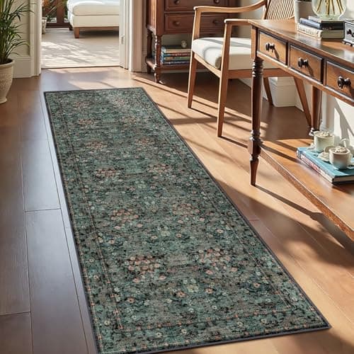 Lunasun Boho Dark Green Botanical 2x6 Washable Long Kitchen Runner Rug - Floral Throw Rug for Hallway, Bathroom, Indoor Entrance, Laundry, Bedroom - Soft Vintage Front Door Mat with Low Pile Non Skid - Thumbnail 2