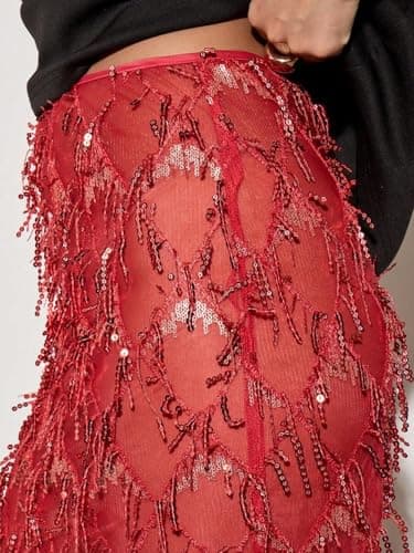 Women's Sequin Fringe Midi Skirt - Sheer Mesh Sparkly Tassel Skirt with Side Slit, Elastic Waist Glitter Party Club (US, Alpha, Small, Regular, Regular, Red) - Thumbnail 5