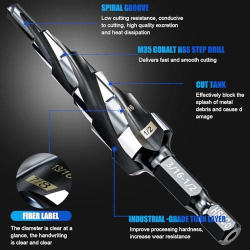 Four Spiral Flute M35 Step Drill Bit Set 3/16"-1/2"(6 Sizes), 1/4" Shank for Metal Step Drill bit, Impact Resistant Cobalt Step Drill Bit, for Stainless Steel, Wood, Aluminum, Plastic - Thumbnail 3