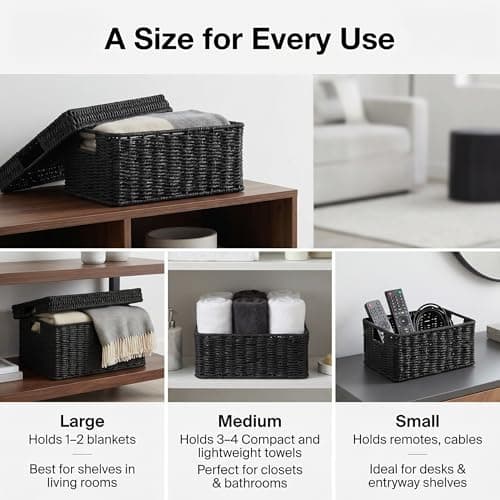 GANLUX Wicker Storage Basket with Lid - Woven Basket for Storage,Rectangular Decorative Boxes Bins with Lids for Shelves,living room, Nursery, 3 baskets+1 lids(Black) - Thumbnail 5