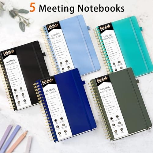 WEMATE 5 Pack Meeting Notebooks for Work（7"x10"） 200 Pages, PU Leather Notebook with Action Items & Note, For Staff & Students, Meeting, Projects Planning- Black, Blue, Green, Olive Green, Dark Blue - Thumbnail 4