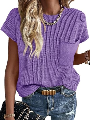 Imily Bela Summer Fall Short Sleeve Sweater for Women 2026 Crew Neck Ribbed Knit Vests Trendy Pullover Tops Violet - Image 1
