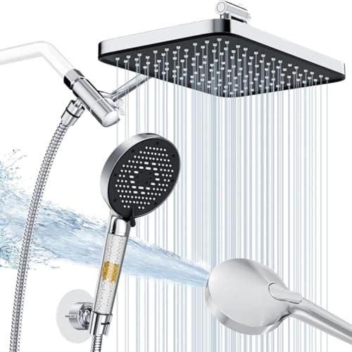 12 Inch Wide Rain Shower Head with Filtered Handheld Combo, High Pressure Rainfall Shower Head, 9 Spray Modes Handheld with 9-Inch Extension Arm, Comes with Filter Removes Chlorine (Chrome) - Image 1