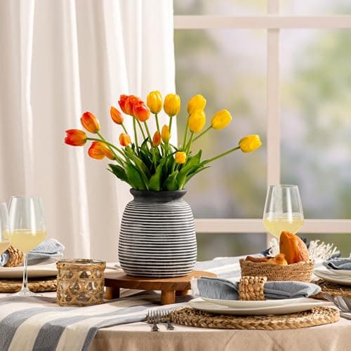 Ceramic Rustic Vase,7.48" Flowers Pottery Vases Home Decor Round Wide-Mouth Farmhouse Decorative Vase for Flowers Pampas for Table Living Room Entryway Mantel Shelf Kitchen Bathroom Bedroom - Thumbnail 4