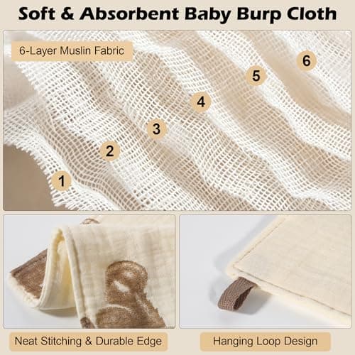 LIAORATELUO Muslin Burp Cloths 3-Pack, Large 20" x 10", 100% Cotton, Ultra-Absorbent for Newborns, Cute Neutral Prints, Multi-Use as Wash Cloths, Face Cloths & Baby Bibs - Thumbnail 5