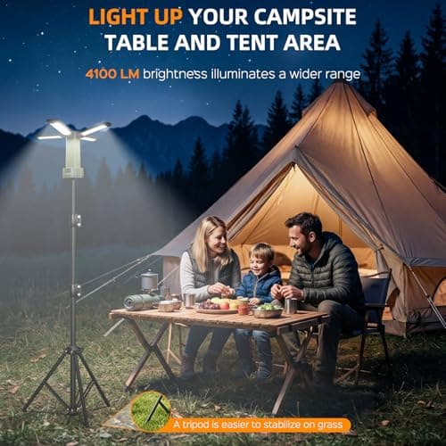 T-SUN Rechargeable Camping Light with Stand, 4 LED Lamp Heads for Wider, Camping Light with Tripod, Olive Green Portable Tent Light with Magnetic Base for Campsite, Hiking, Fishing, Emergency - Thumbnail 3