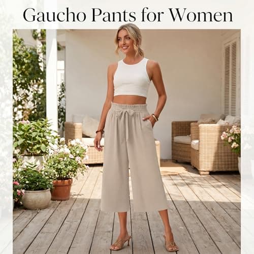 Gaucho Pants for Women, Wide Leg High Waisted Cotton Women's Palazzo Capri Pants with Pockets and Drawstring, Lightweight Breathbale Casual Summer Womens Culottes Khaki XXL - Thumbnail 3