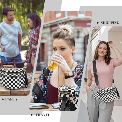 WOOMADA Checkered Crossbody Bag Bum Bag for Women, Spacious Nylon Fanny with Removable Wallets(2pcs-Black Checkerboard) - Thumbnail 6