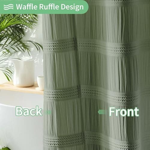 Lameirose Sage Green Shower Curtain Boho, Cotton Blend Waffle Shower Curtain Chic Textured Fabric Shower Curtains for Bathroom 72 x 72 Green - Thumbnail 3