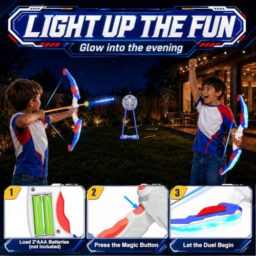 2 Pack Kids Bow and Arrow, LED Light Up Archery Toy Set with 20 Suction Cup Arrows, Standing Target & Arrow Case,Kids Indoor and Outdoor Toys Birthday Gifts Ideas for 3 4 5 6 7 8 9 10 11 12 Year Boys - Thumbnail 3