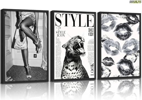 3Pcs Trendy Black and White Leopard Canvas Wall Art Vintage Newspeper Cheetah Wall Decor Fashion Girl Poster Heels Lips Picture Luxury Feminist Painting Print Poster Artwork for Apartment Dorm 12x16in Unframe - Image 1