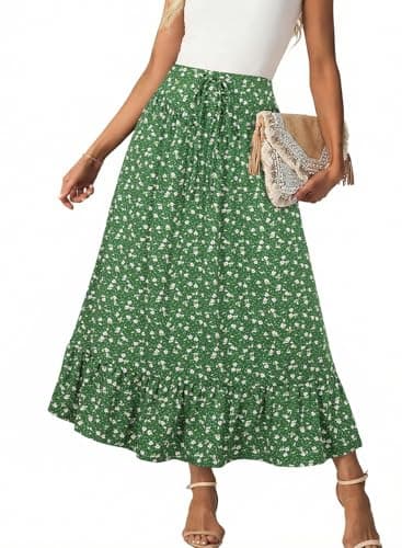 BLENCOT Maxi Skirts for Women Spring Summer Flowy Ruffle Hem Smocked A Line Maternity Skirt Plus Size Green XX-Large - Image 1