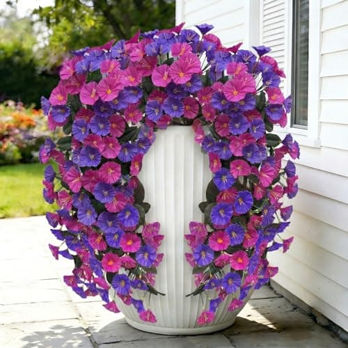 Artificial Flowers for Outdoors Fake Fuchsia Purple Morning Glory Hanging Flower Decoration, 2Pcs Realistic Faux Plants Petunias Long Trailing Vines,Spring Decor for Porch Patio Balcony Planter Yard