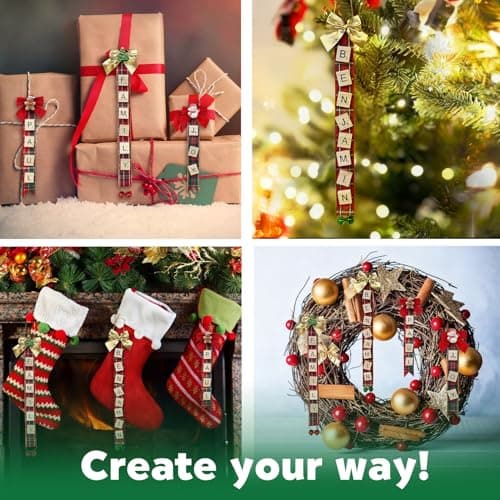 Christmas Ornaments Tree Decorations Personalized Crafts for Adults Kit DIY Ribbon Letter Tiles Bells Rustic Stockings Name Tags Hanging Xmas Decor for Gifts Wreath Holiday(Tartan) - Thumbnail 5