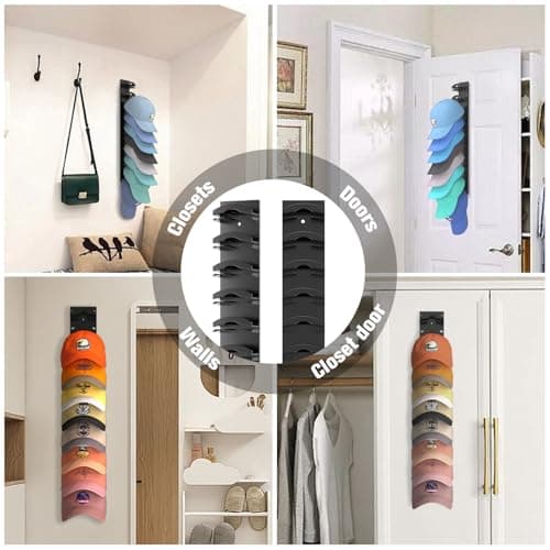 Hat Organizer for Baseball Caps 2Pack, Hat Rack for Wall with Strong Adhesive Hold up to 20 Hats, Hat Hanger Holder Display for Door Closet, Cap Organizer Storage Multilayer Two Mounting Option(Black) - Thumbnail 6