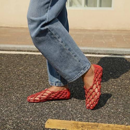 Red Jelly Mesh Ballet Flats for Women Woven Hollow Beach Ballerina Flats Comfortable Casual Slip on Mary Jane Flats - Thumbnail 2