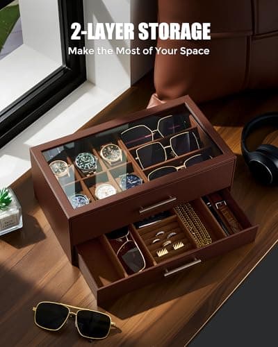 ProCase Mens Jewelry Box Pull-Out Drawer, 6 Slot Watch Case & 5 Slot Sunglasses Organizer, Fathers Day Gift for Dad, 2-Tier Leather Watch Box with Glass Display Top, Gift for Men & Women-Espresso - Thumbnail 5