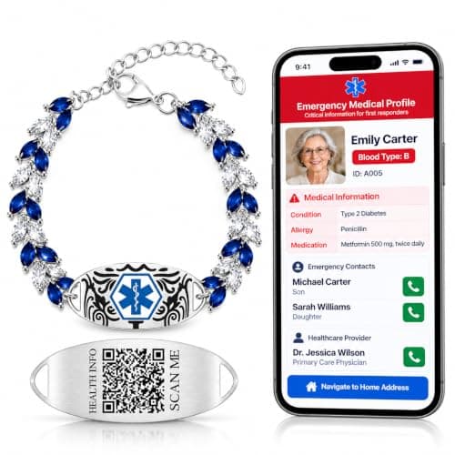 Blue & White Leaf CZ Medical Alert Bracelet for Women | Dynamic QR Code or Custom Engraved ID Jewelry | Emergency Contact Allergy Health Info Stainless Steel & Copper Adjustable Wristband (QR Code-US Stock)