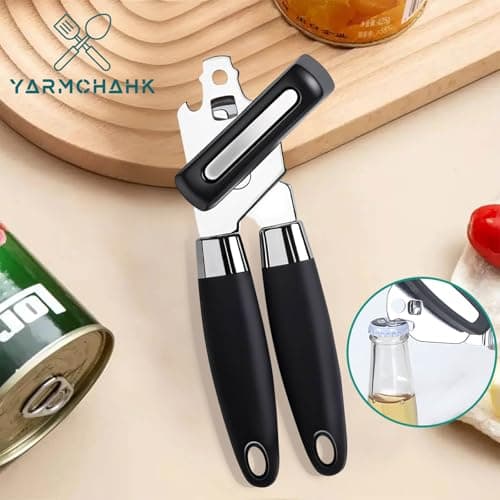 Yarmchahk Multifunctional Stainless Steel Manual Can Opener and Bottle Opener, Heavy Duty Hand Held Can Opener with Easy Turn Knob, Sharp Blade Smooth Edge, Good Grips Kitchen Tool for Seniors, Black - Thumbnail 2