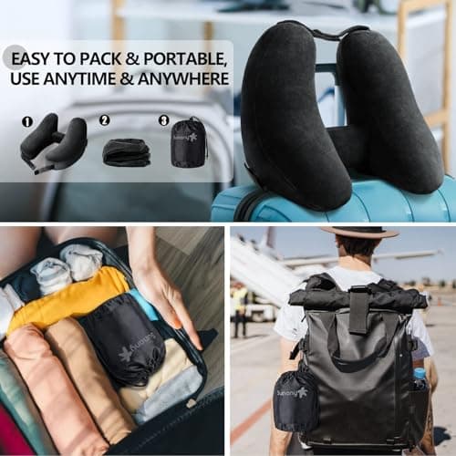 Neck Pillow for Travel Inflatable Airplane Pillow Comfortably Supports Head,Neck and Chin,Inflatable Travel Pillow with Soft Velour Cover,Hat,Portable Drawstring Bag (Black) - Thumbnail 5