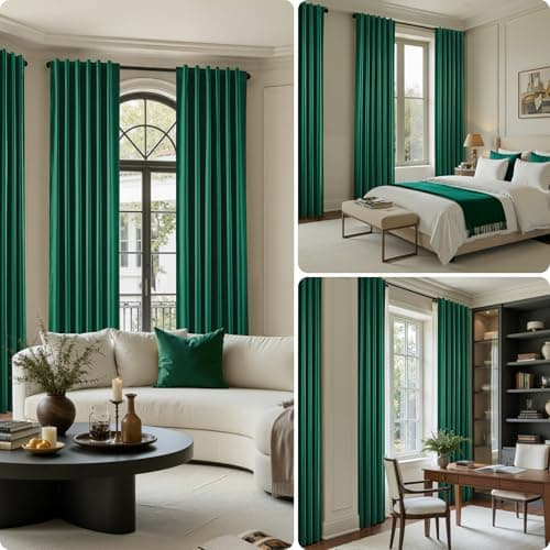 HOMEIDEAS 100% Blackout Faux Silk Hunter Dark Green Curtains 84''L 2 Panels - Thumbnail 2