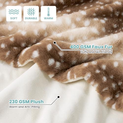 COZY KISS Luxury Faux Fur Blanket Deer Print, Waterproof Pet Blanket Washable, Woman Sofa Bed Couch Throw, Liquid Pee Proof for Large Dog or Cat, Reversible, Super Soft, 60x80 inch, Brown - Thumbnail 2