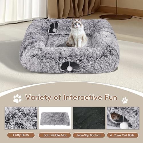 Extra Large Cat Tunnel Bed, 4 Ways Tunnels for Indoor Cats, Multi-cat Family Pet Bed & Cave, Plush Cat Donut with Washable Middle Mat, Exit Balls, Pet Play Toy for Kitten Puppy Rabbit, Dark Grey - Thumbnail 4