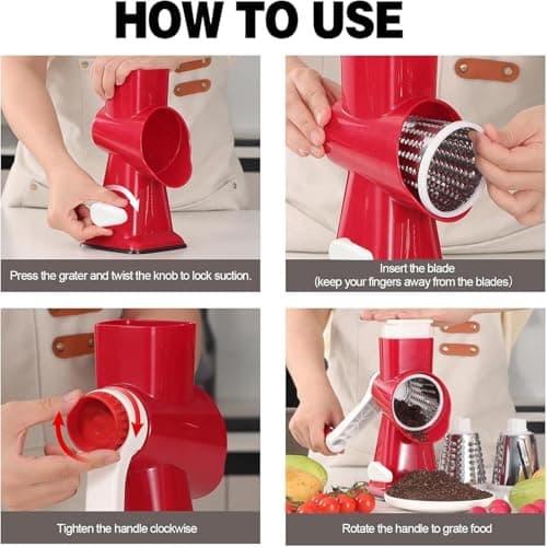 Rotary Cheese Grater with Handle, Multifunctional Kitchen tool, Stainless Steel Rotary Grater Slicer for Fruit, Vegetables, Nuts (Red) - Thumbnail 5